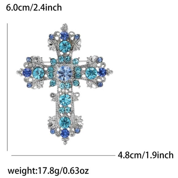 Silver Tone Cross Brooch With Blue Iridescent Rhinestones - Picture 2 of 2